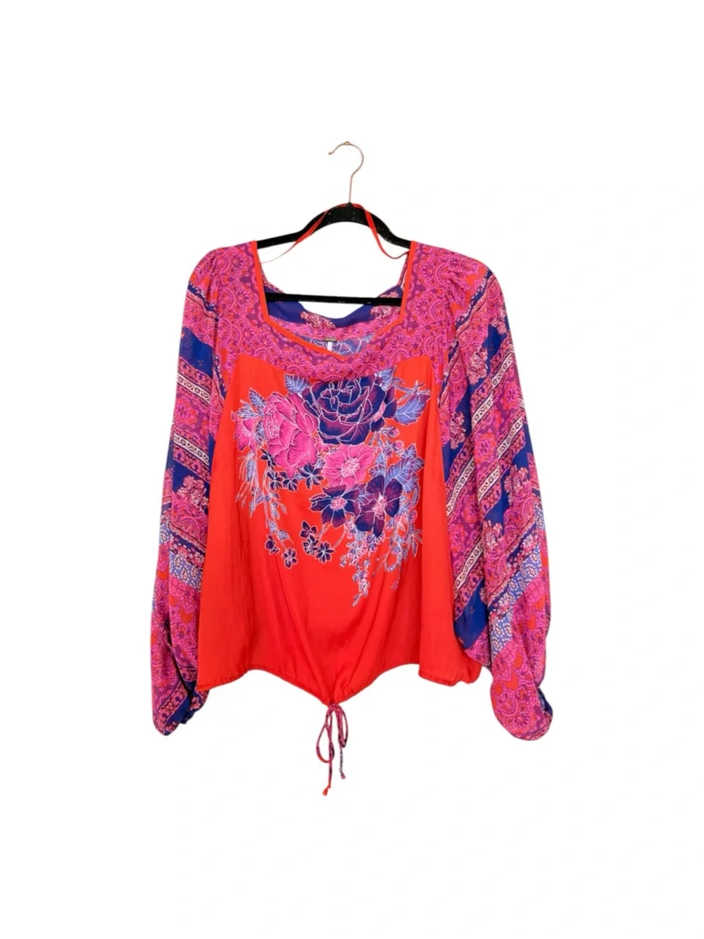 Free People Blue Nile Floral Print Blouse Exaggerated Sleeves Pull-On Top XL